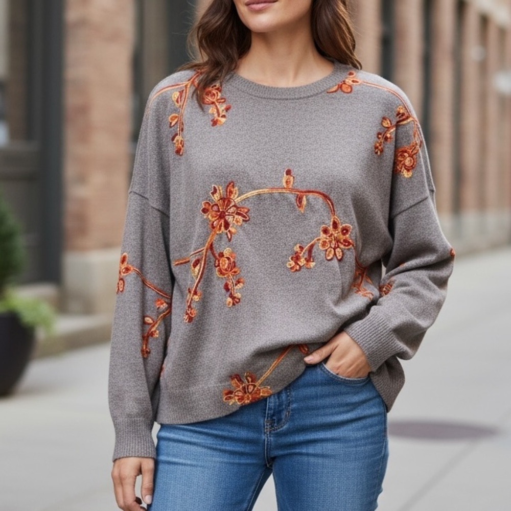 🍀2/$22 Figueroa & Flower Embroidered Knit Taupe Cropped Boho Top Womens Small